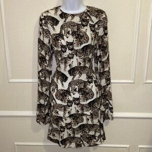 Chic Long Sleeve Open Back Domestic Cat Print Dress Sz.4